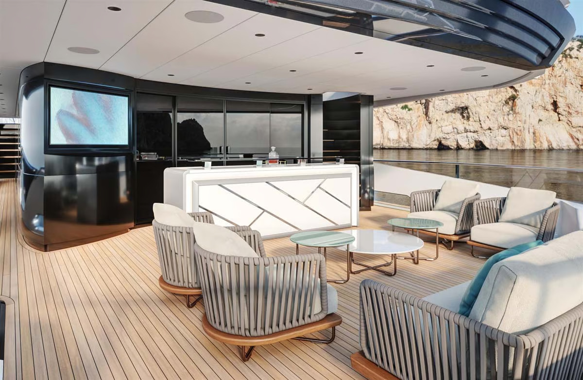 New renderings of the Sunseeker 120 Yacht showcase its luxurious design, featuring a spacious flybridge, Jacuzzi, beach club, and chic interiors, setting a new standard in superyacht elegance.
