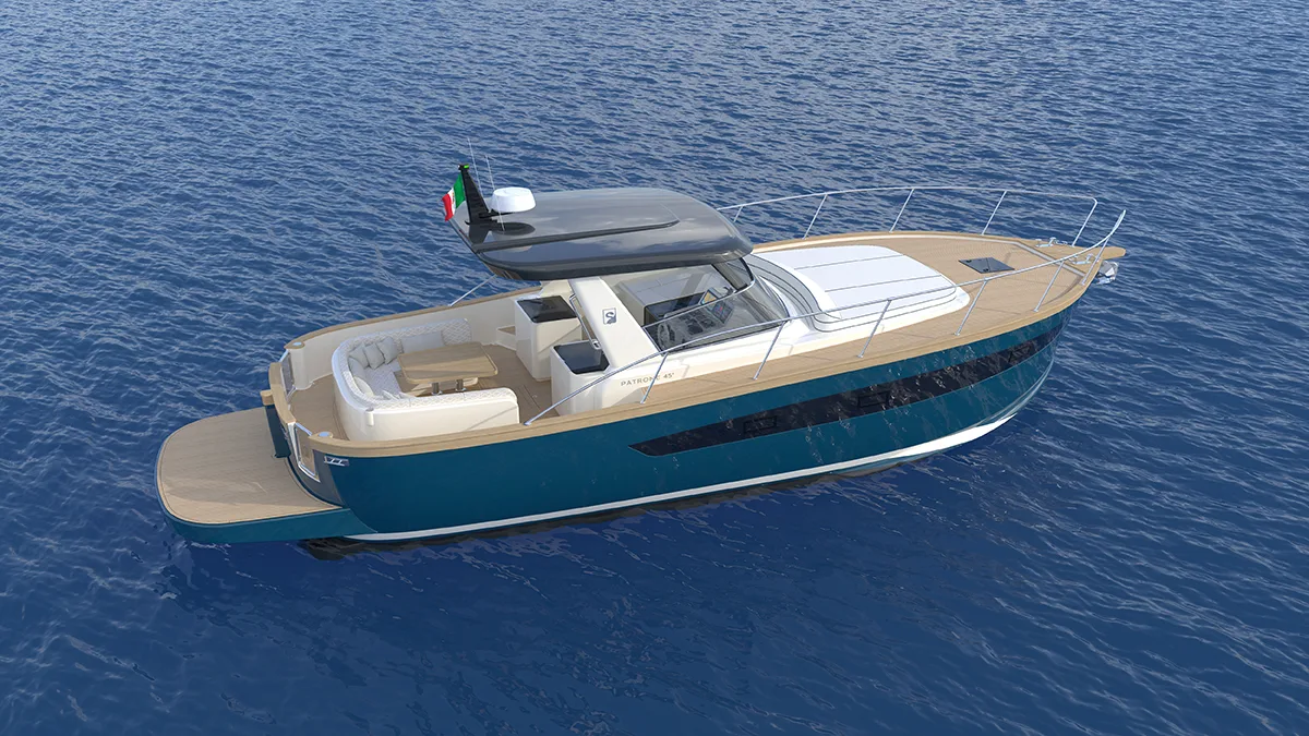 Patrone and Tommaso Spadolini present the Patrone 45', a 46-foot day cruiser combining 1960s classic style with modern technology, featuring elegant design and customizable interiors.