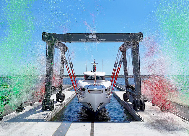 The Ferretti Yachts INFYNITO 90 M/Y LOVE launched at the new Ravenna slipway on June 4, 2024, marking the debut of this state-of-the-art facility for luxurious yacht construction.