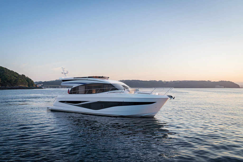 Discover the Princess F58, a luxurious 18.2m flybridge yacht combining elegance, performance, and space. Experience unmatched craftsmanship with stunning design and spacious interiors.