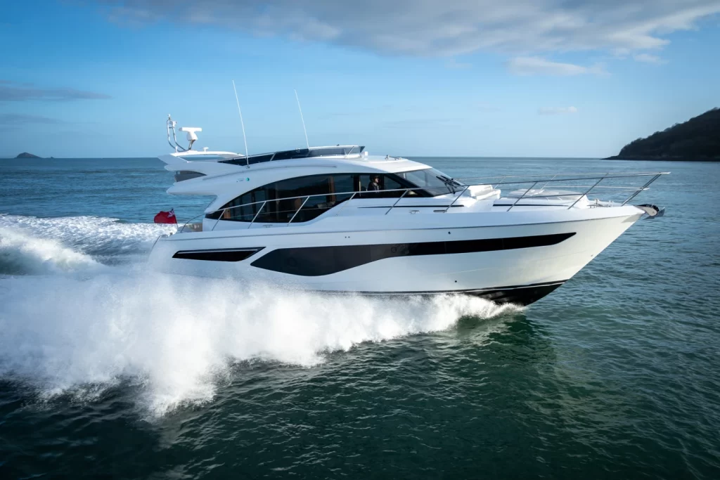 Experience luxury and performance with the Princess F55 Flybridge Yacht, cruising at 33 knots. Enjoy spacious accommodations, stunning design, and advanced seakeeping technology.