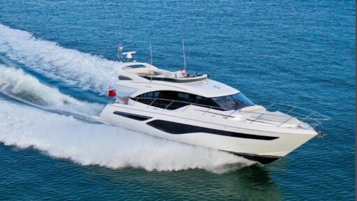 Experience luxury and performance with the Princess F55 Flybridge Yacht, cruising at 33 knots. Enjoy spacious accommodations, stunning design, and advanced seakeeping technology.