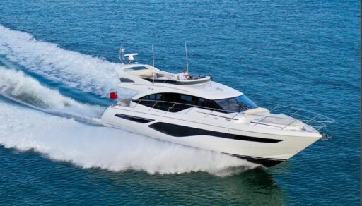 Experience luxury and performance with the Princess F55 Flybridge Yacht, cruising at 33 knots. Enjoy spacious accommodations, stunning design, and advanced seakeeping technology.