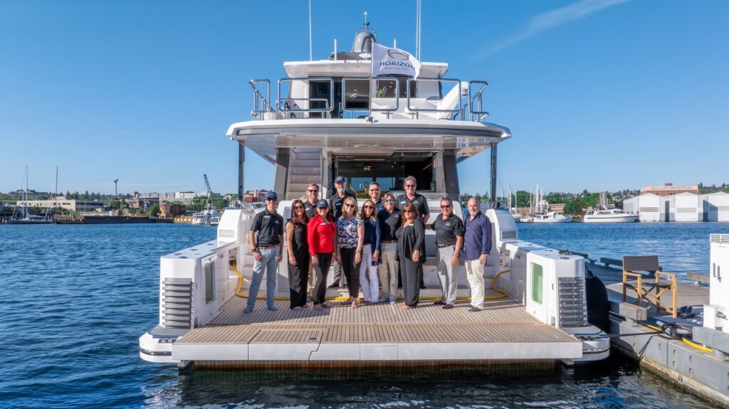 Horizon Yachts celebrated the Seattle office grand opening with an Open House at Salmon Bay Marine Center, featuring the launch and tour of the Horizon V77 CMY with special guests.