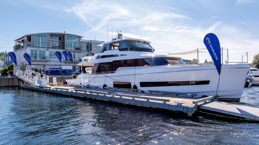 Horizon Yachts celebrated the Seattle office grand opening with an Open House at Salmon Bay Marine Center, featuring the launch and tour of the Horizon V77 CMY with special guests.