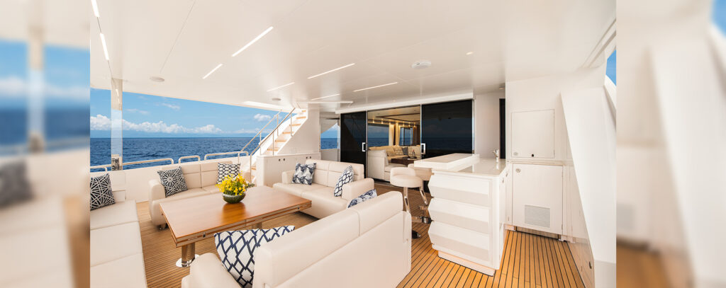 Horizon Yachts reveals the sixth FD110 Series build, featuring luxurious amenities like an aft deck seating area, elegant North American Walnut interiors, and spacious, versatile accommodations.