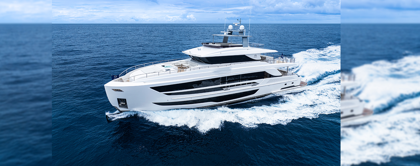 Horizon Yachts reveals the sixth FD110 Series build, featuring luxurious amenities like an aft deck seating area, elegant North American Walnut interiors, and spacious, versatile accommodations.