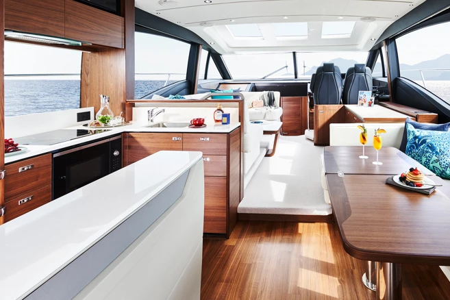 Discover the new S62: a luxurious sportsbridge yacht with sleek exterior styling, dynamic performance, and unmatched comfort. Experience speeds up to 38 knots and exquisite design.