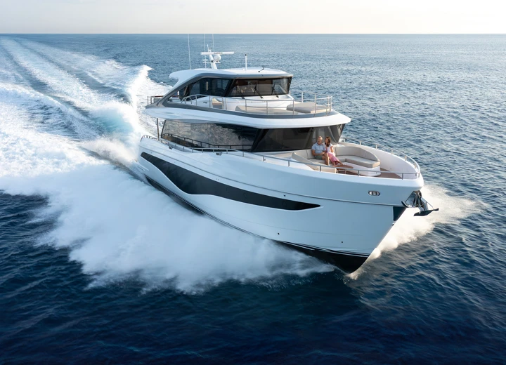 The Princess X80, a member of the X Class 'Superfly' family, offers 30% more interior space than traditional yachts. With a top speed of 30 knots and accommodations for 8 guests, it redefines luxury.