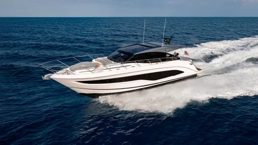 Discover the Princess V55, a sleek sports yacht with a top speed of 35 knots, luxurious interior, and intelligent space utilization. Perfect for blending performance and luxury.