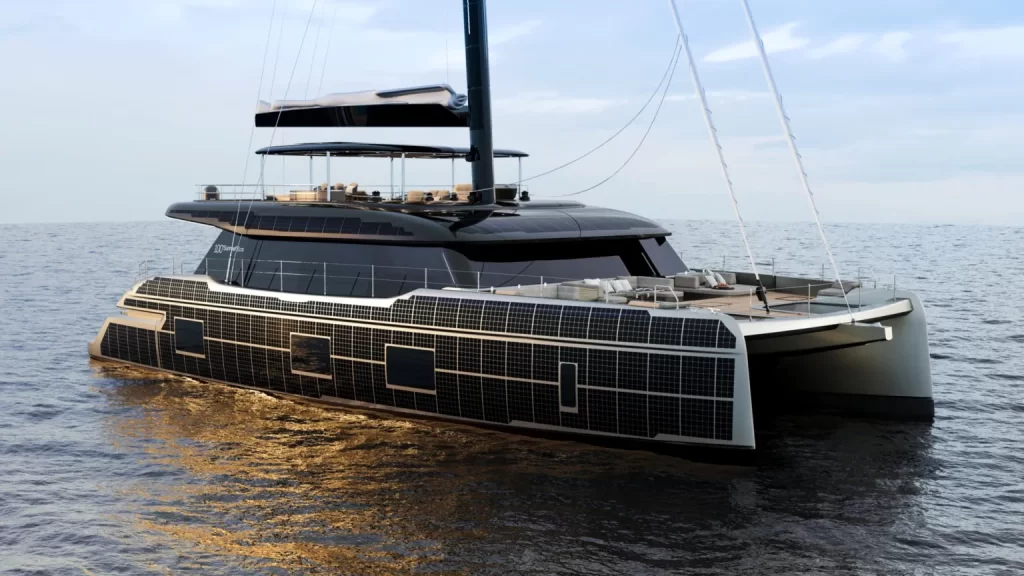 Silent catamarans, like those from Sunreef Yachts Eco, combine solar panels, wind turbines, and advanced batteries to provide a tranquil, noise-free sailing experience with zero emissions.