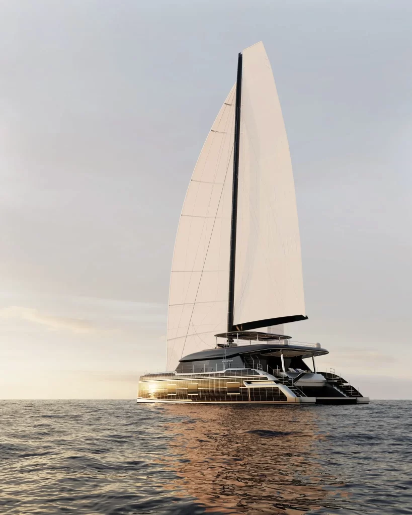 Silent catamarans, like those from Sunreef Yachts Eco, combine solar panels, wind turbines, and advanced batteries to provide a tranquil, noise-free sailing experience with zero emissions.