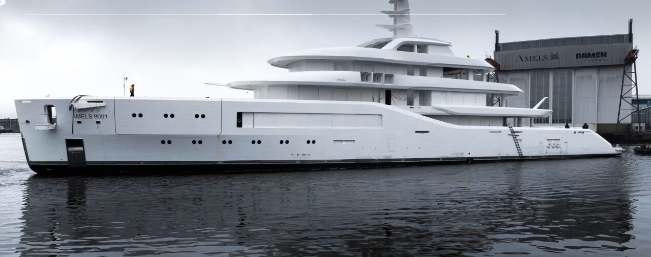 The first Amels 80, a groundbreaking 80-metre yacht, arrives in the Netherlands. Designed by Espen Øino, it combines luxury with innovative sustainability, ready for 2025.