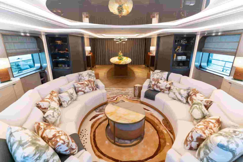 Moonstone, a 60m superyacht by Amels, features stunning design by Tim Heywood and luxurious interiors by Laura Pomponi. With 15.5 knots speed, it's perfect for long-range voyages.