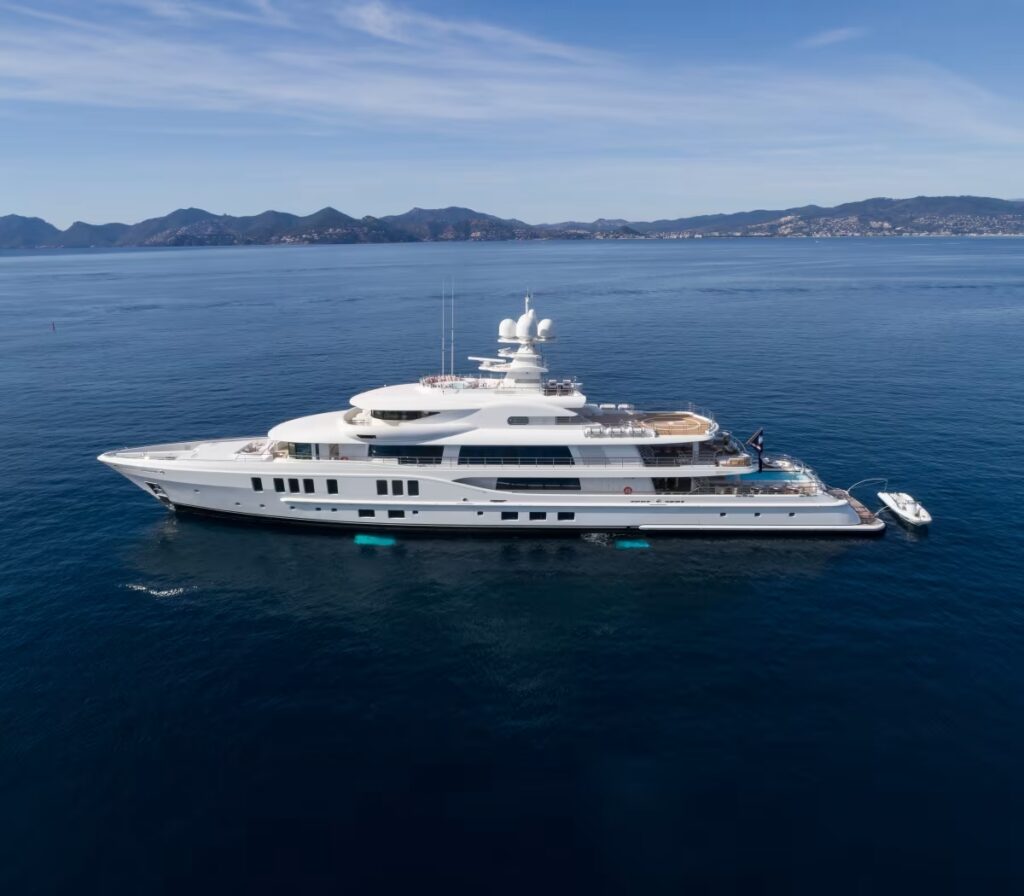 The 74-meter superyacht NEW SECRET, delivered in 2017, blends luxury with cutting-edge design by Tim Heywood and Winch Design, offering an exquisite yachting experience for discerning guests.