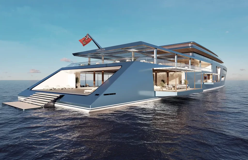 Jaw-dropping designs for a 450ft superyacht, featuring an underwater dining room called the Nemo Lounge and a glass-bottom pool, have been unveiled at the Monaco Yacht Show.