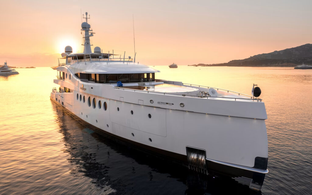 The 60m Madame Kate yacht combines Brazilian flair and luxury, featuring Tim Heywood’s Scimitar bow, vibrant interiors by Laura Sessa, and 5,000 nautical miles of cruising range.