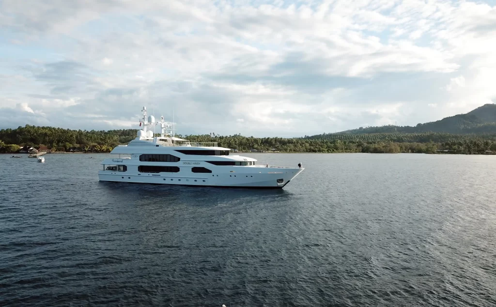 A £22.5 million superyacht, Feadship Double Haven, with a 120,000-litre fuel tank allowing up to six months at sea without refuelling, is for sale at the Fort Lauderdale Boat Show.