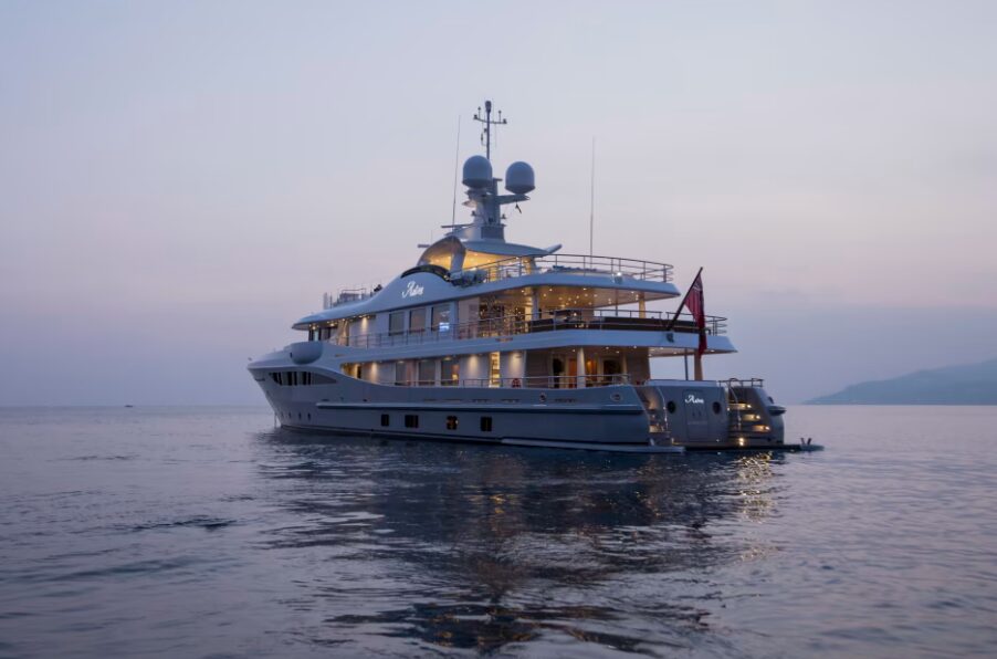 The 55m luxury yacht ASTRA from the Amels 180 series, combines elegant design by Tim Heywood and Laura Sessa with performance and comfort, perfect for luxurious ocean voyages.