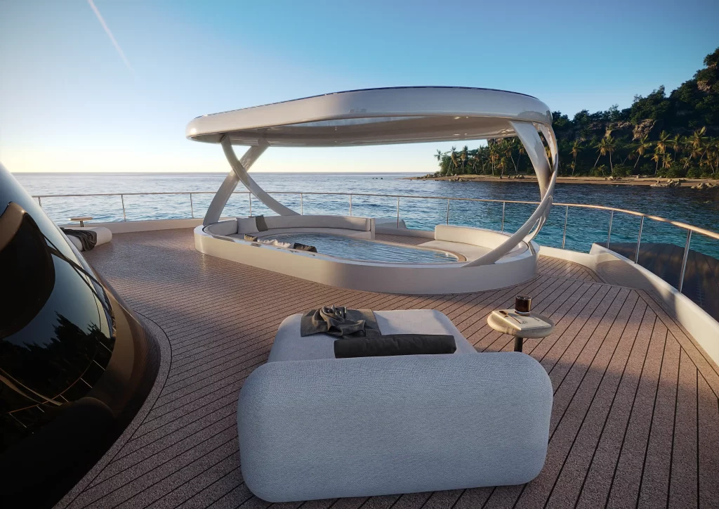 Rossinavi unveils Solsea, a 43m hybrid-electric superyacht powered by AI, featuring solar panels, a lounge pool, and sustainable tech for luxury and eco-conscious cruising.