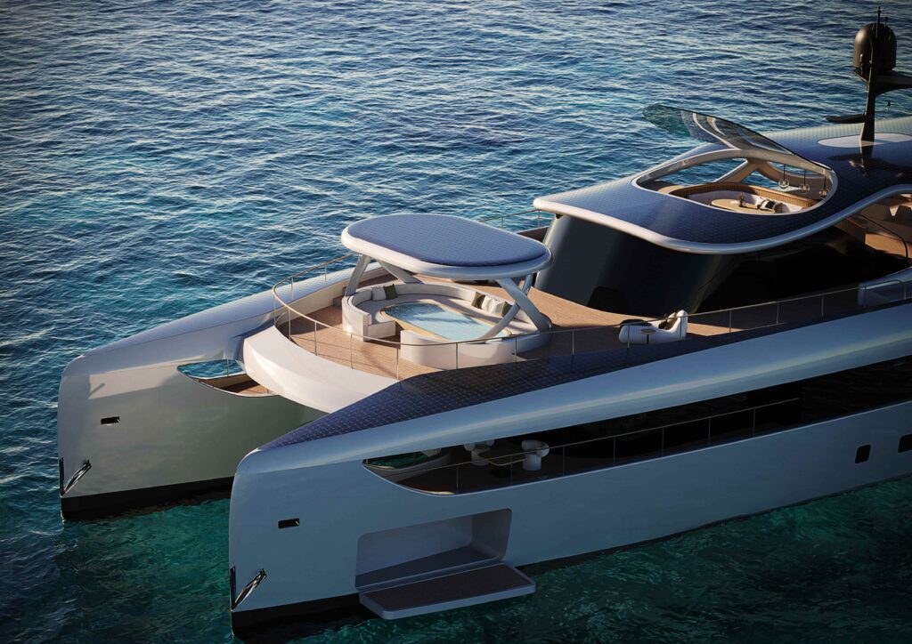 Rossinavi unveils Solsea, a 43m hybrid-electric superyacht powered by AI, featuring solar panels, a lounge pool, and sustainable tech for luxury and eco-conscious cruising.