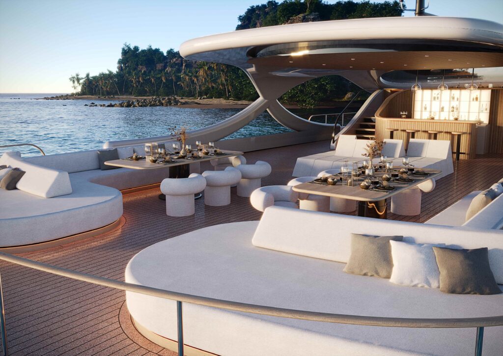 Rossinavi unveils Solsea, a 43m hybrid-electric superyacht powered by AI, featuring solar panels, a lounge pool, and sustainable tech for luxury and eco-conscious cruising.