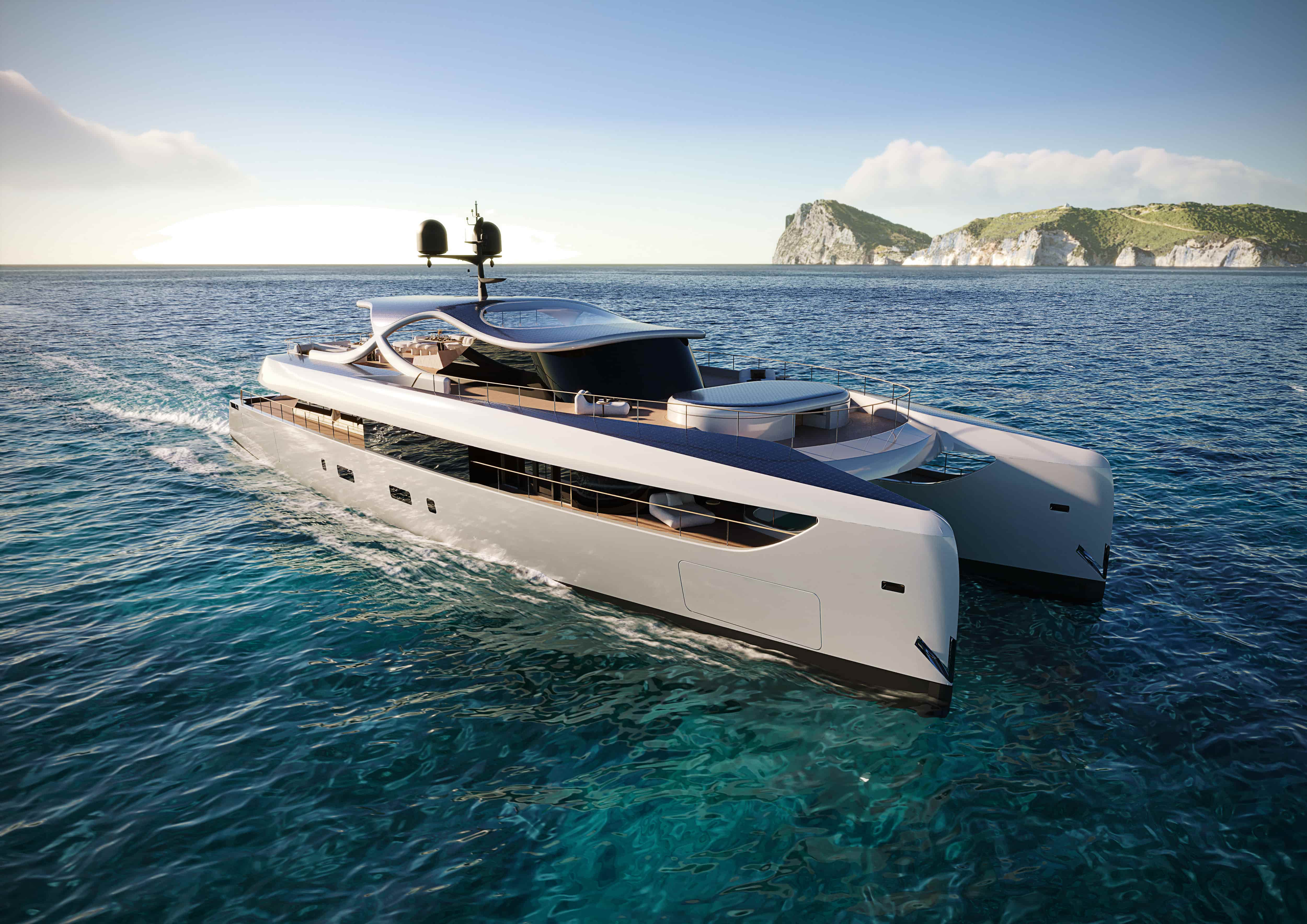 Rossinavi unveils Solsea, a 43m hybrid-electric superyacht powered by AI, featuring solar panels, a lounge pool, and sustainable tech for luxury and eco-conscious cruising.