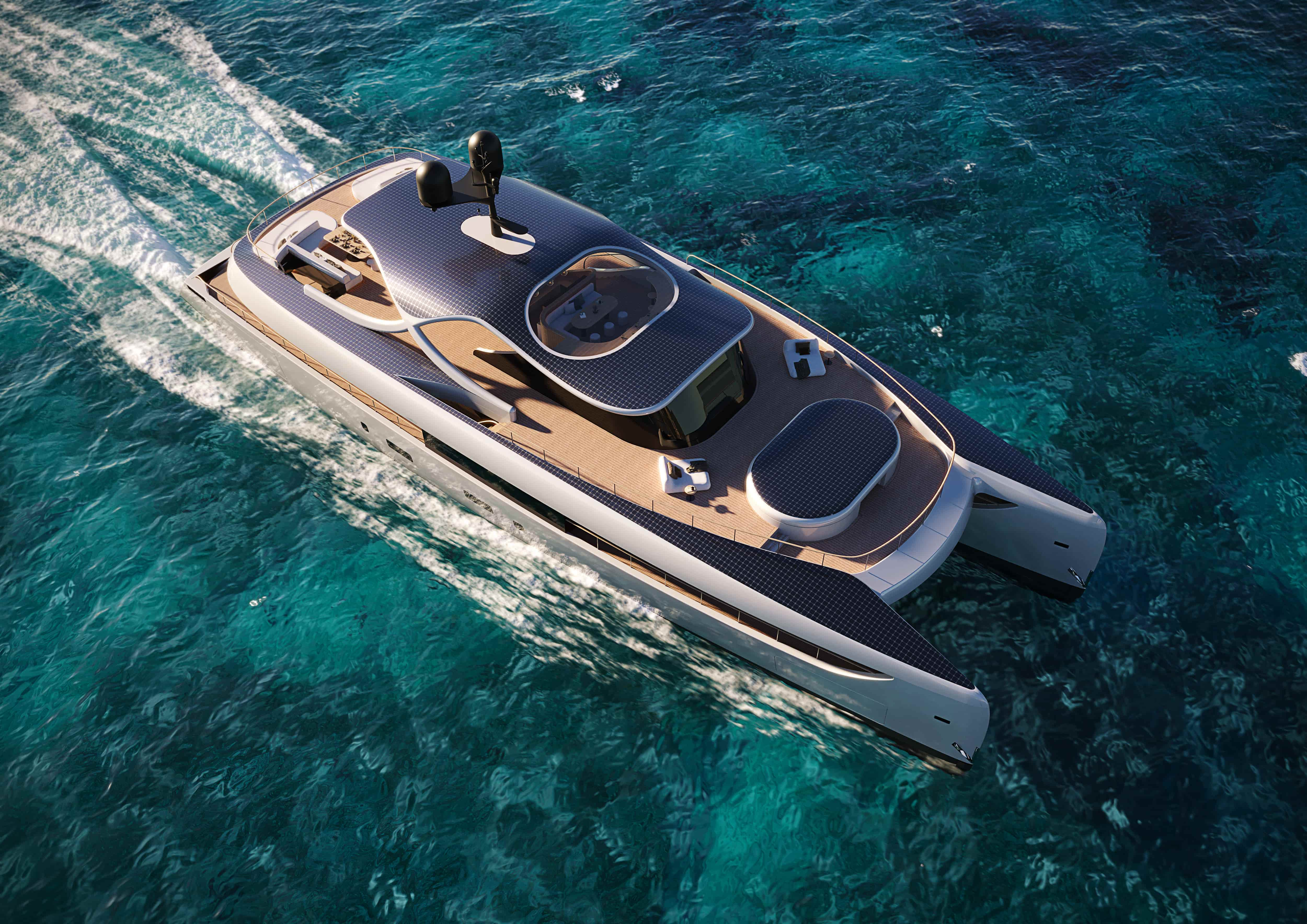 Rossinavi unveils Solsea, a 43m hybrid-electric superyacht powered by AI, featuring solar panels, a lounge pool, and sustainable tech for luxury and eco-conscious cruising.