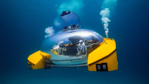 A luxury UFO-like submarine takes passengers 200m deep for fine dining, spa treatments, and even weddings, offering a futuristic underwater adventure.