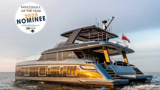 The 60 Sunreef Power Eco is shortlisted for *Multihull of the Year 2025*, showcasing luxury and sustainability with solar power and twin 120kW electric engines.