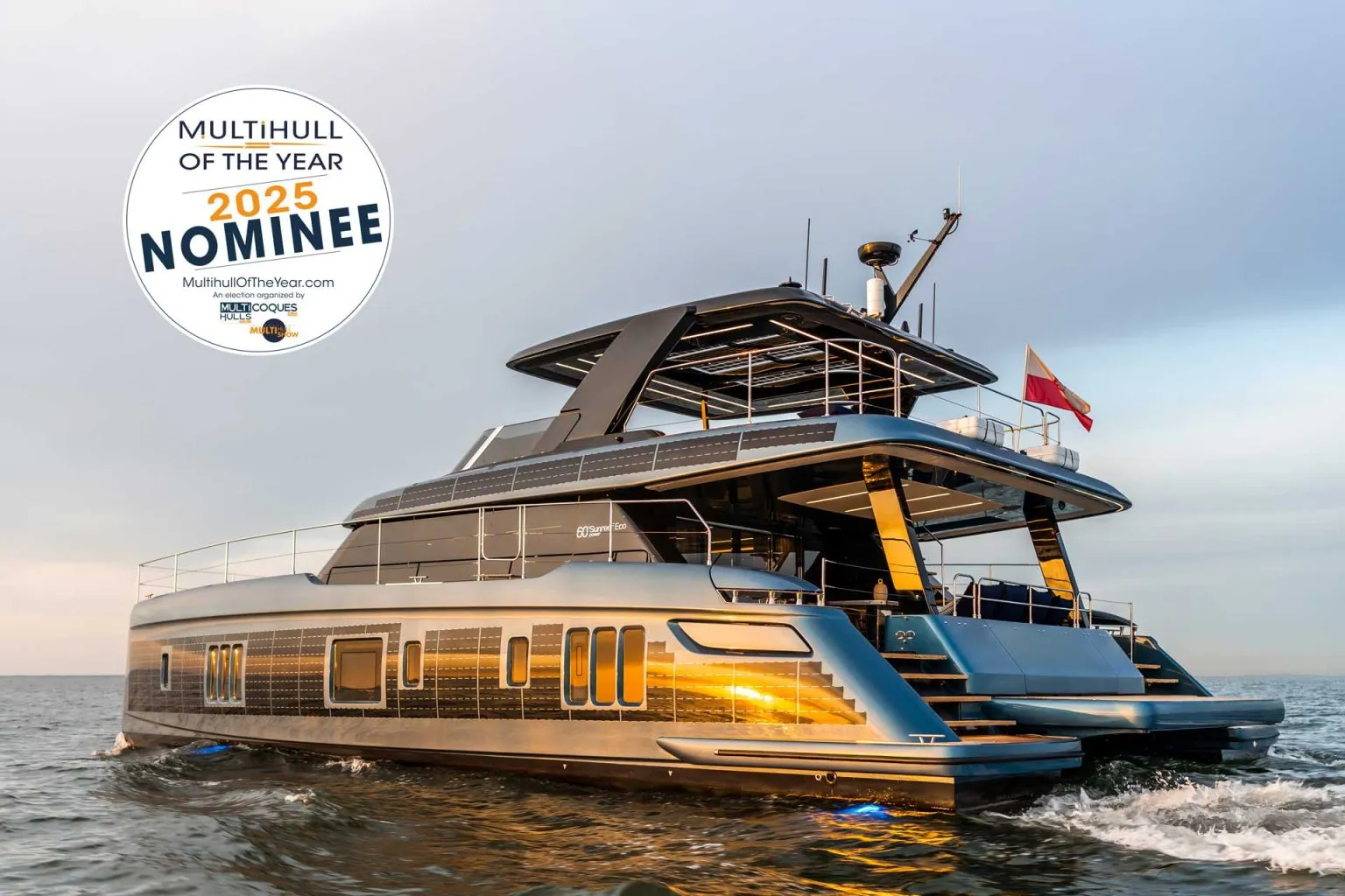 The 60 Sunreef Power Eco is shortlisted for *Multihull of the Year 2025*, showcasing luxury and sustainability with solar power and twin 120kW electric engines.